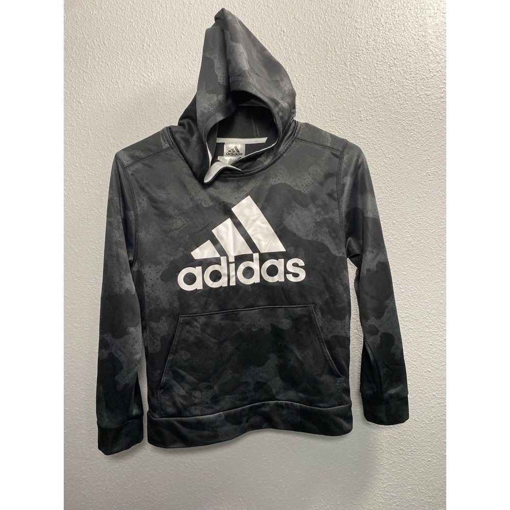Adidas Boys Camo Pullover Hoodie Grey Black Logo Sweatshirt Size M 10/12